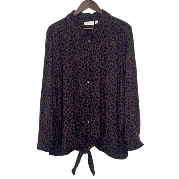 Belle by Kim Gravel TripleLuxe Knit Cheetah Print Tie Front Top Expresso - Picture 2 of 6